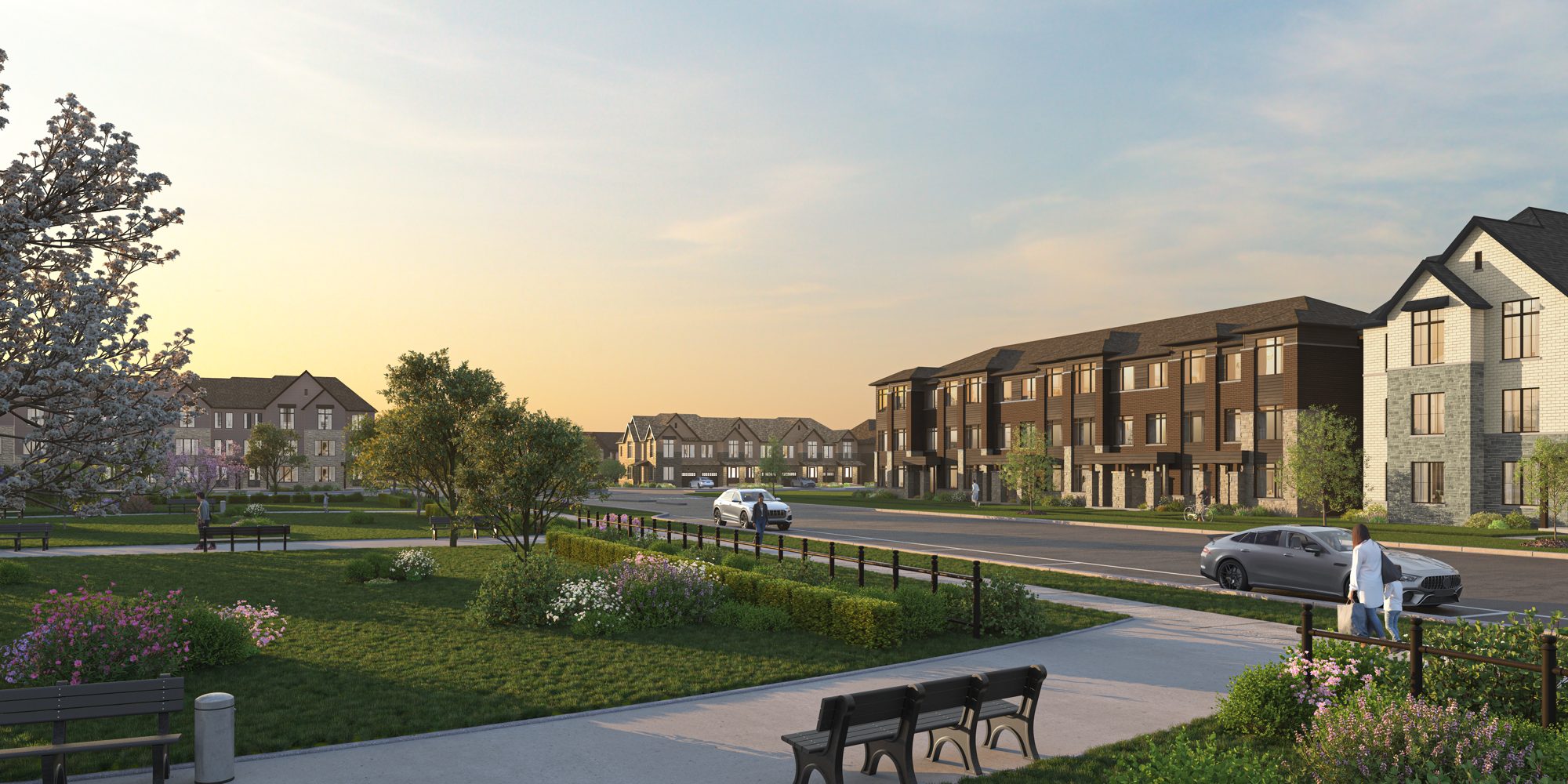 Rendering of Founders Walk townhomes facing a neighbourhood park at sunset
