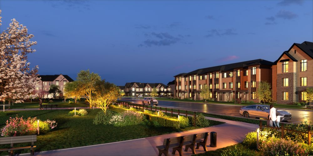 Evening rendering of townhomes at Founders Walk