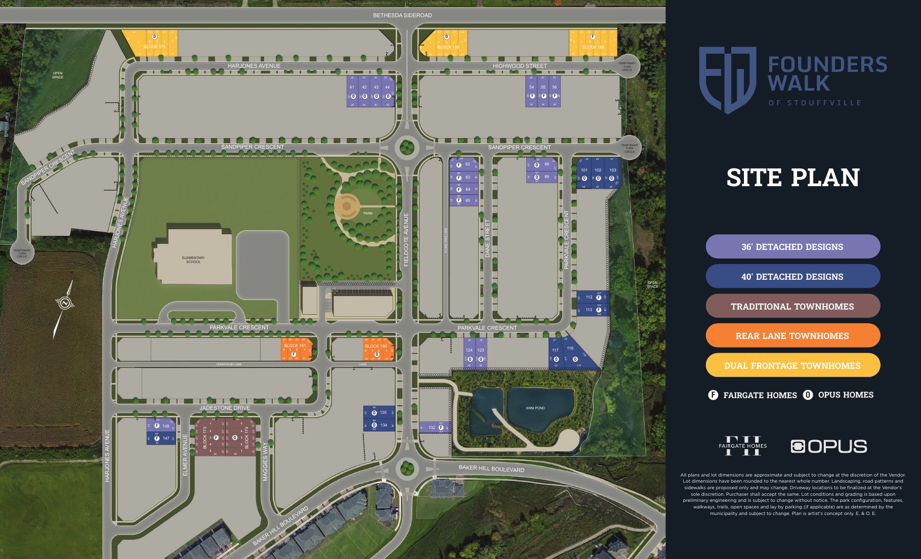 Founders Walk first release site plan showing detached and townhome blocks, park, elementary school and pond