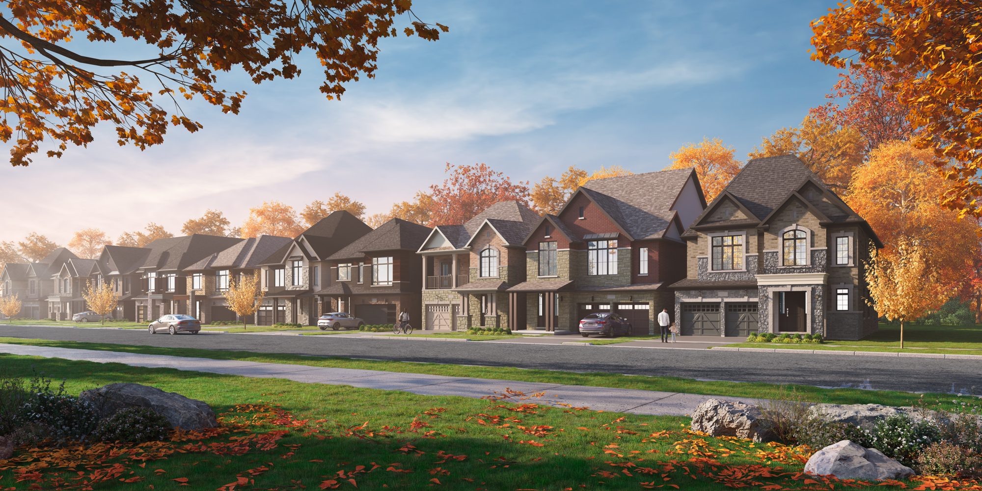 Rendering of detached homes on a tree-lined street at Founders Walk